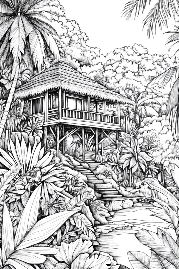 Rainforest stilted hut, realistic line art style — free printable rainforest coloring book page