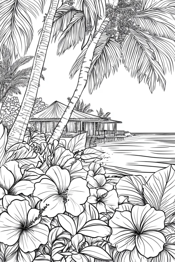 Beach cottage with hibiscus flowers and palm trees, realistic line art style — free printable beach vacation coloring book page