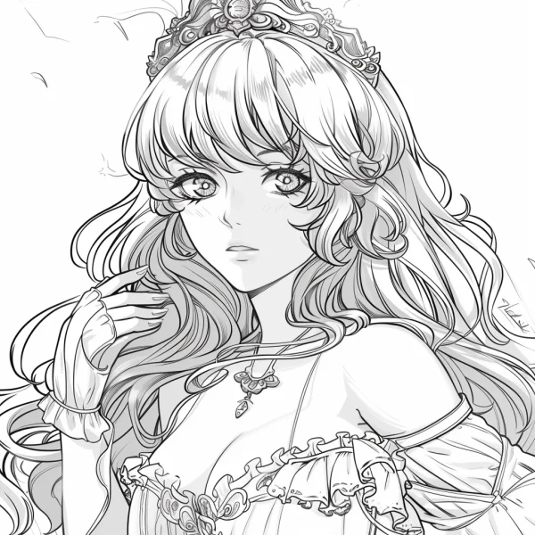 Curly-haired princess with crown, anime style — free coloring book page