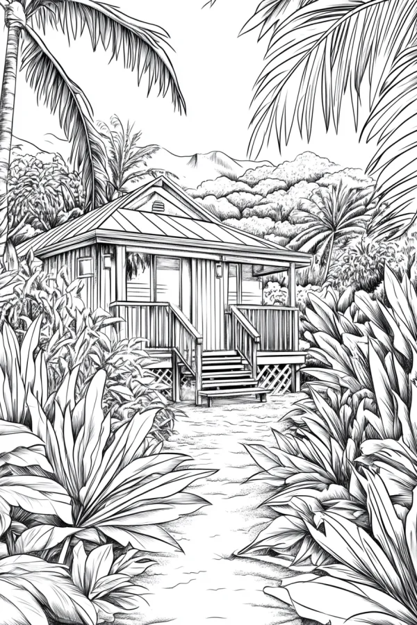 Tropical jungle cabin, realistic illustration style — free printable tropical style coloring book page