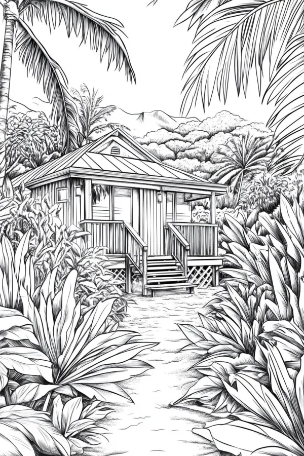 Tropical forest cabin, realistic sketch style — free printable outdoor camping coloring book page