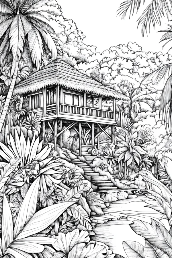 Stilted thatched hut in tropical rainforest, realistic line art style — free printable rainforest coloring book page