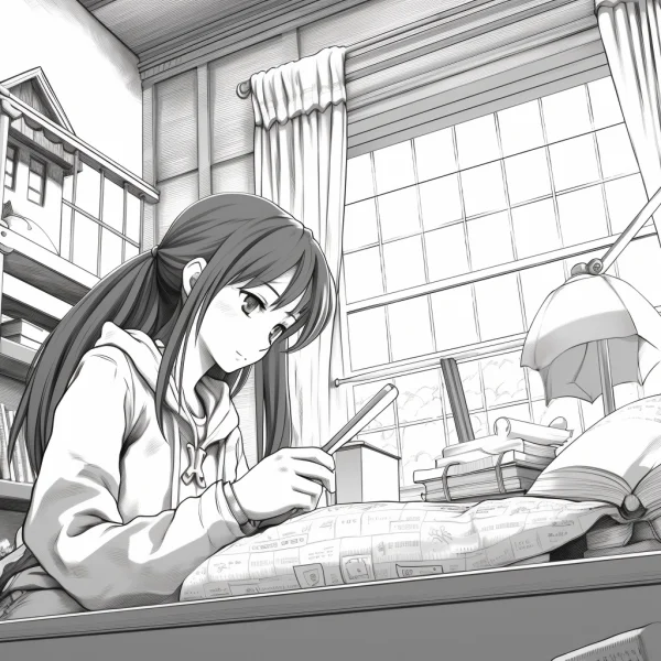 Anime girl studying at desk, japanese anime style — free printable indoor life coloring book page