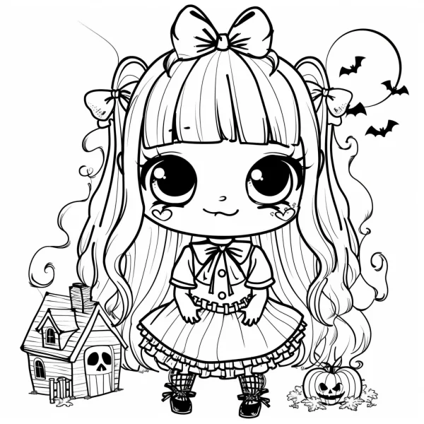 Cute cartoon halloween girl with big bow and curly pigtails, cartoon style — free printable cartoon characters coloring book page