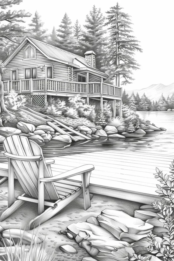 Lakeside log cabin with wooden dock and adirondack chair, realistic sketch style — free printable leisure vacation coloring book page