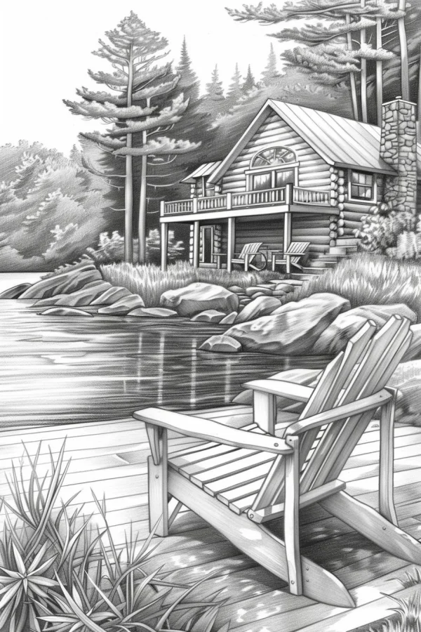 Lakeside log cabin with adirondack chair on wooden dock, realistic sketch style — free printable leisure vacation coloring book page