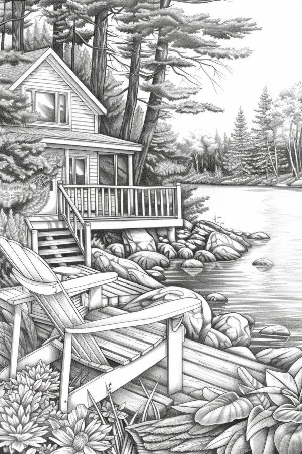 Lakeside cabin in forest with adirondack chairs, realistic illustration style — free printable leisure vacation coloring book page