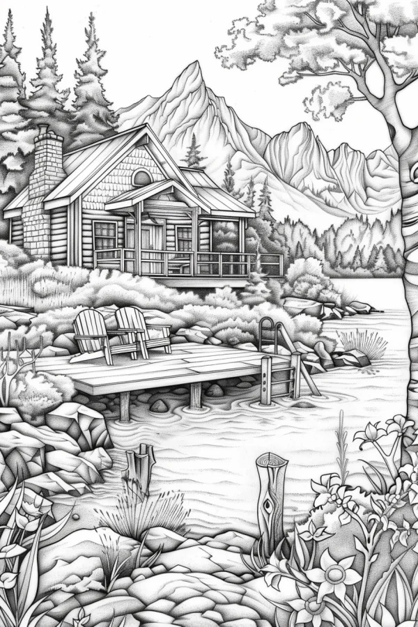 Lakeside mountain cabin, sketch line art style — free printable rural leisure coloring book page