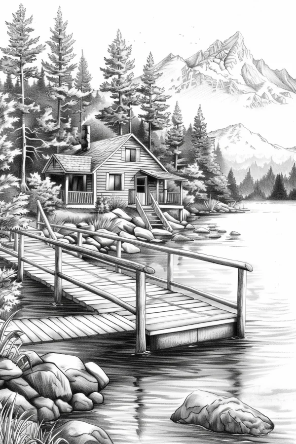 Lakeside forest cabin with wooden dock, realistic line art style — free printable leisure vacation coloring book page