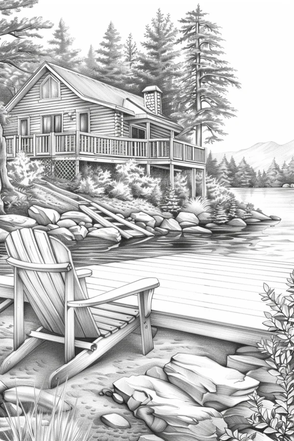 Lakeside log cabin, realistic sketch style — free printable leisure vacation coloring book page