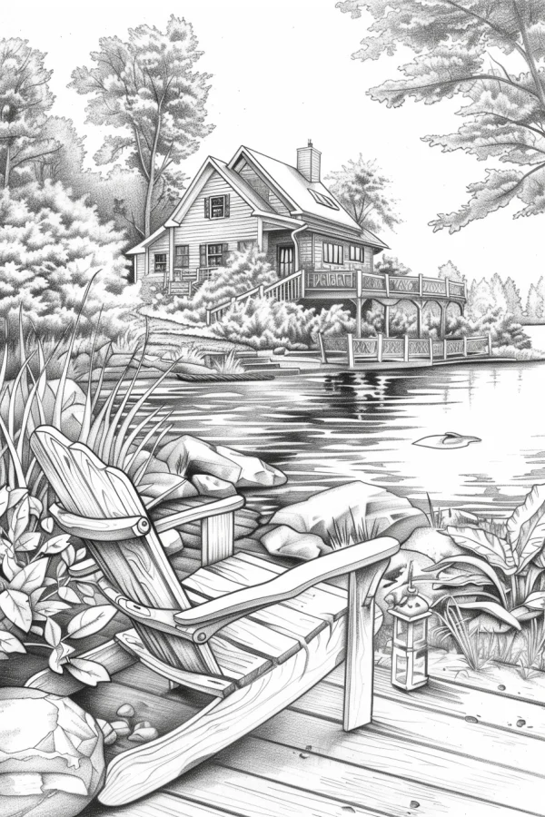 Lakeside wooden chair and forest cabin, realistic sketch style — free printable rural leisure coloring book page
