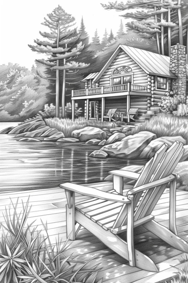 Coloring book page, lakeside log cabin with adirondack chair on wooden dock — free printable leisure vacation coloring book page