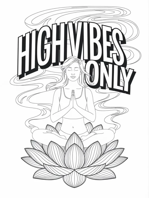 Meditating girl sitting on a large lotus flower in yoga pose with hands clasped together, bold artistic text 'high vibes only' above with swirling line patterns — free printable meditation coloring book page