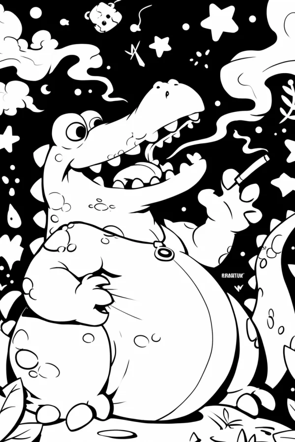 Cute chubby cartoon dinosaur smoking a cigarette, cartoon style — free printable humor coloring book page