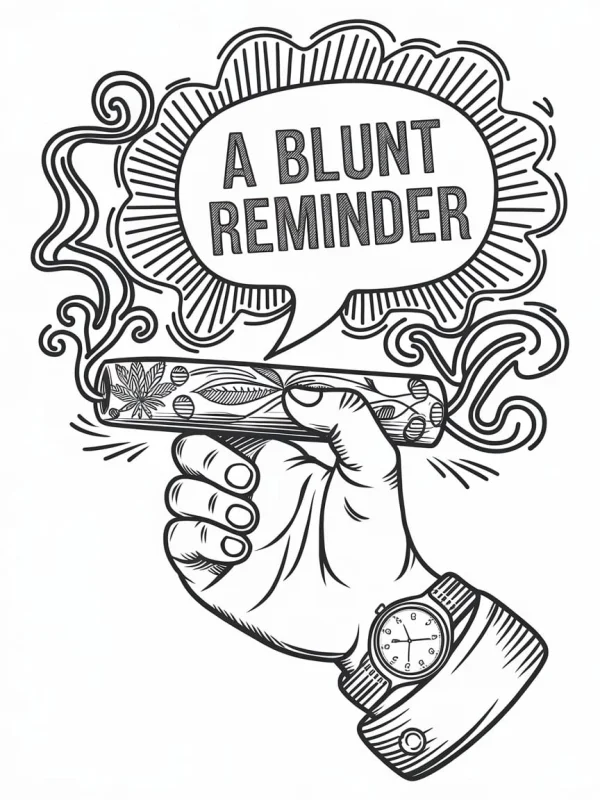 Hand holding a blunt with marijuana leaf patterns, wearing a wristwatch — free printable humor coloring book page