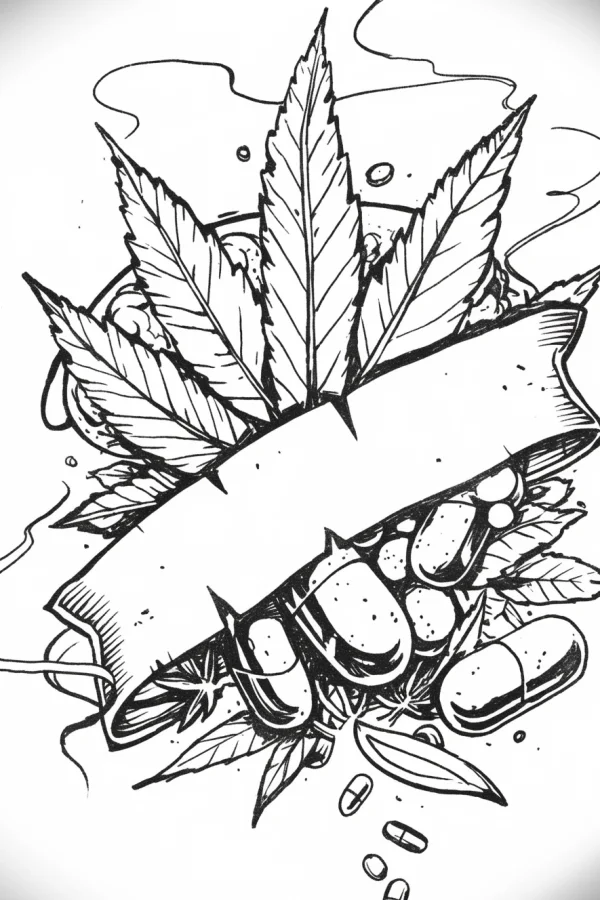 Marijuana leaves with capsules and blank banner, hand-drawn graffiti style — free printable alternative lifestyle coloring book page