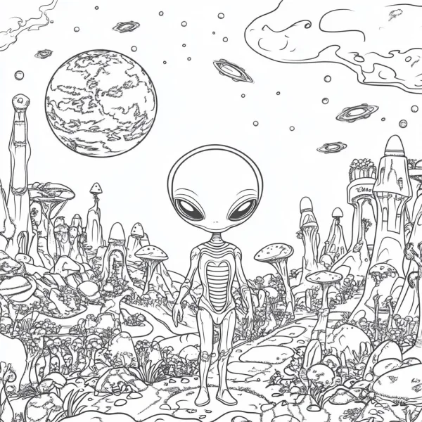 Big-eyed alien standing on alien landscape, sci-fi fantasy style — free printable universe coloring book page