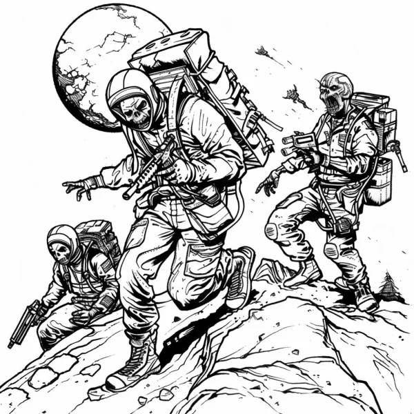 Armed skeleton astronauts team, sci-fi horror style — free printable military coloring book page