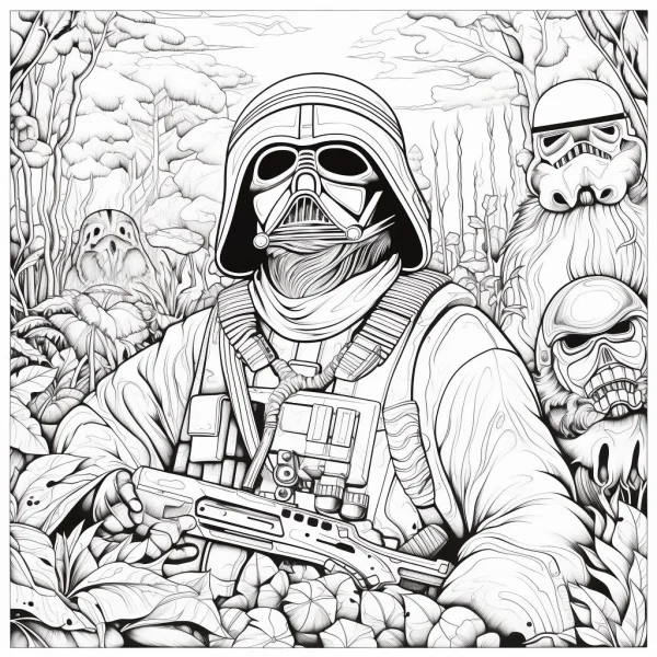 Star wars stormtrooper in jungle, holding blaster rifle — free printable military coloring book page