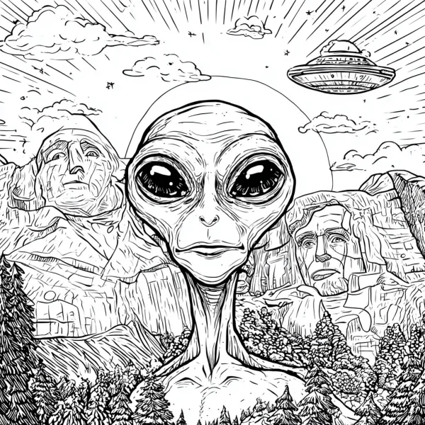 Big-eyed alien in the foreground, sci-fi sketch style — free printable landmarks coloring book page