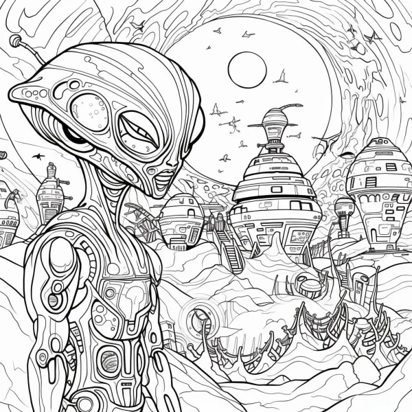 Sci-fi alien with intricate mechanical details, futuristic alien city with dome-shaped buildings — free printable alien coloring book page