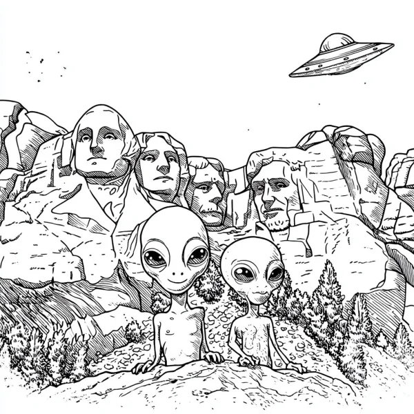 Cute aliens in front of mount rushmore, sci-fi style — free printable landmarks coloring book page