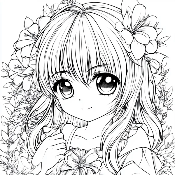 Cartoon girl with flower wreath, anime cute style — free printable character theme coloring book page