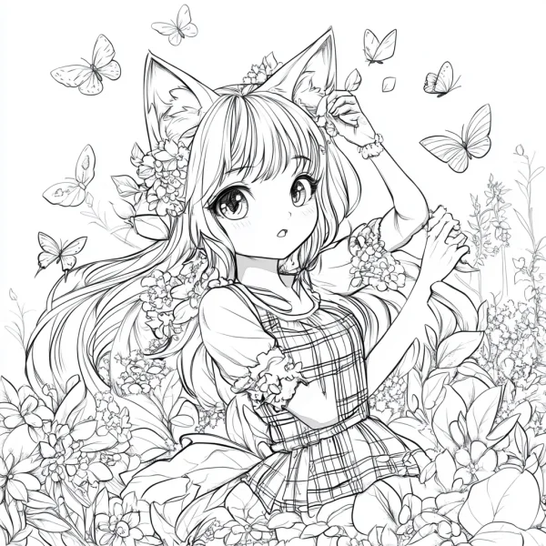 Anime-style cat ear girl surrounded by various flowers and butterflies, black and white clean line art — free printable character theme coloring book page