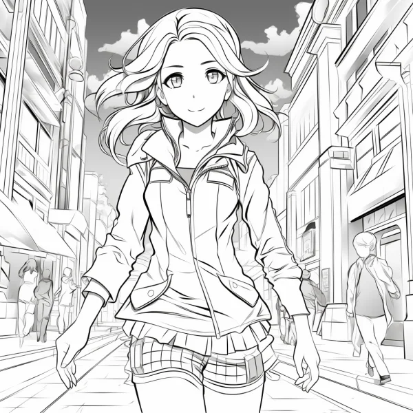 Coloring book page, anime-style girl walking on urban street — free printable urban daily coloring book page