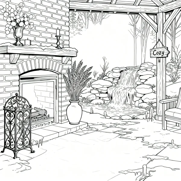 Cozy outdoor patio with fireplace and waterfall, realistic line art style — free printable home leisure coloring book page