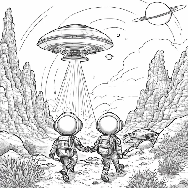 Two holding hands astronauts on alien planet, with hovering ufo and distant planet in sky — free printable astronaut coloring book page