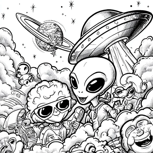 Cartoon alien and kid with sunglasses, cartoon style — free printable childlike coloring book page