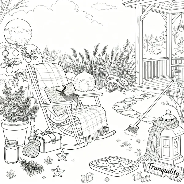 Garden rocking chair with deer cushion and plaid blanket, winter garden scene with gazebo — free printable home leisure coloring book page