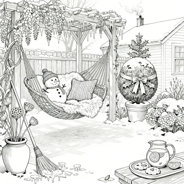 Snowman in a hammock with fur blanket and pillow, winter backyard christmas scene — free printable yard life coloring book page
