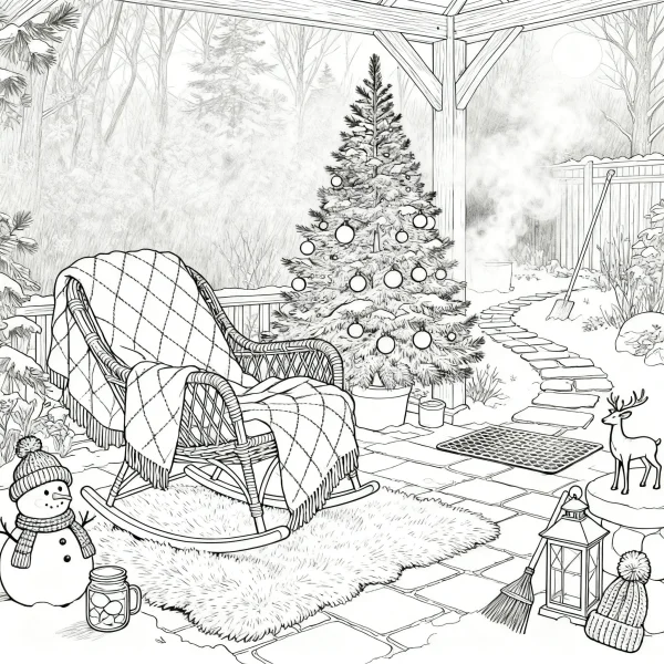 Christmas courtyard scene with wicker rocking chair, snowman and decorated christmas tree — free printable family life coloring book page