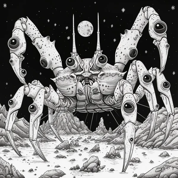 Multi-eyed mechanical crab, sci-fi mechanical style — free printable alien world coloring book page