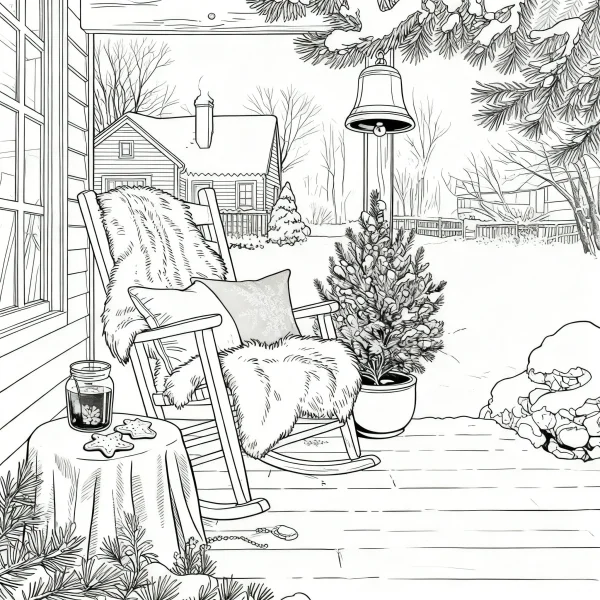 Winter christmas porch with rocking chair, realistic line art style — free printable family life coloring book page