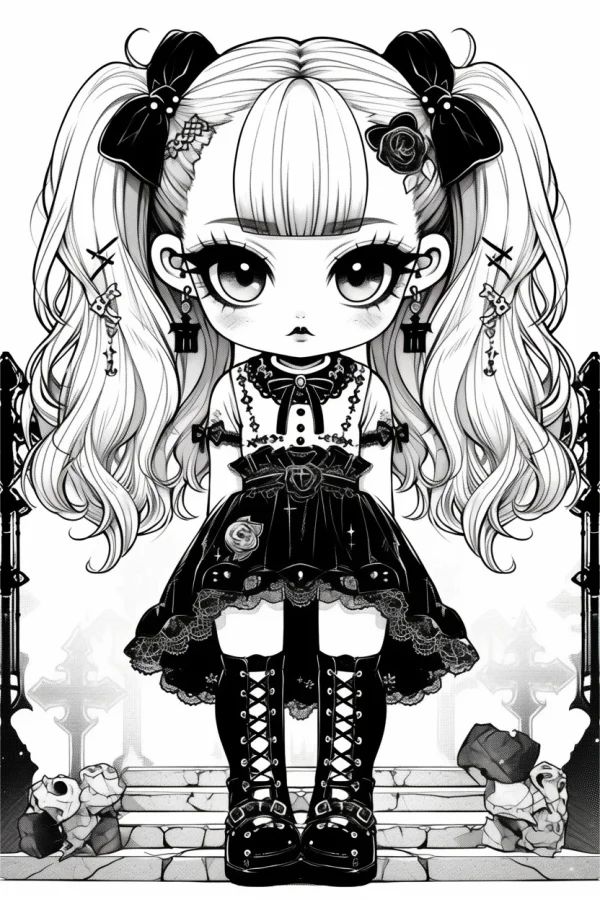 Gothic twin-tailed girl, gothic cartoon dark style — free printable goth culture coloring book page