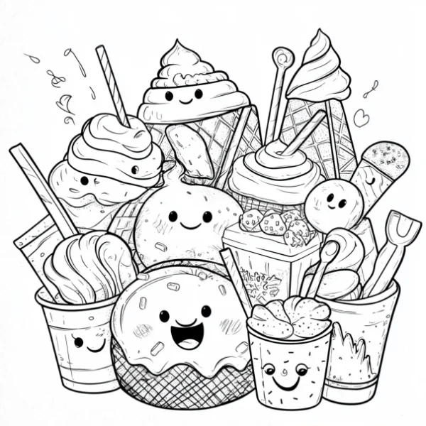 Cute anthropomorphic dessert combination including ice creams, donuts — free printable childlike coloring book page