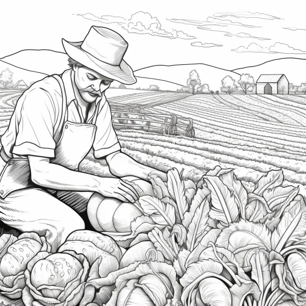 Farmer working in the field harvesting vegetables, realistic line art style — free printable agriculture coloring book page