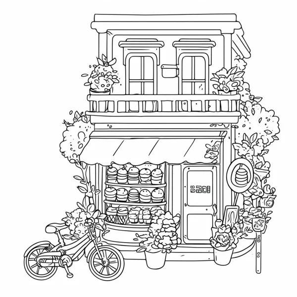 Cozy dessert shop, cartoon style — free printable shops coloring book page