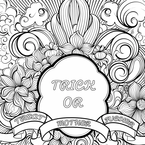 Halloween-themed floral line art with 'trick or treat' and vulgar text, intricate decorative swirls — free printable parody coloring book page