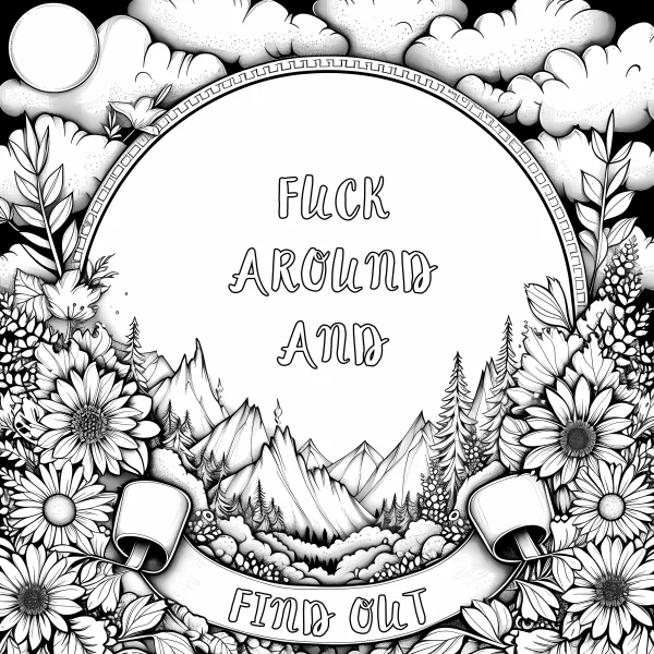 Nature landscape with mountains, daisies and pine trees — free printable humor coloring book page