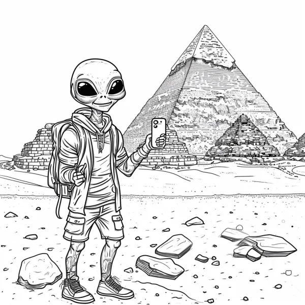 Alien taking selfie in front of egyptian pyramids in desert, cartoon sketch style — free printable egyptian culture coloring book page