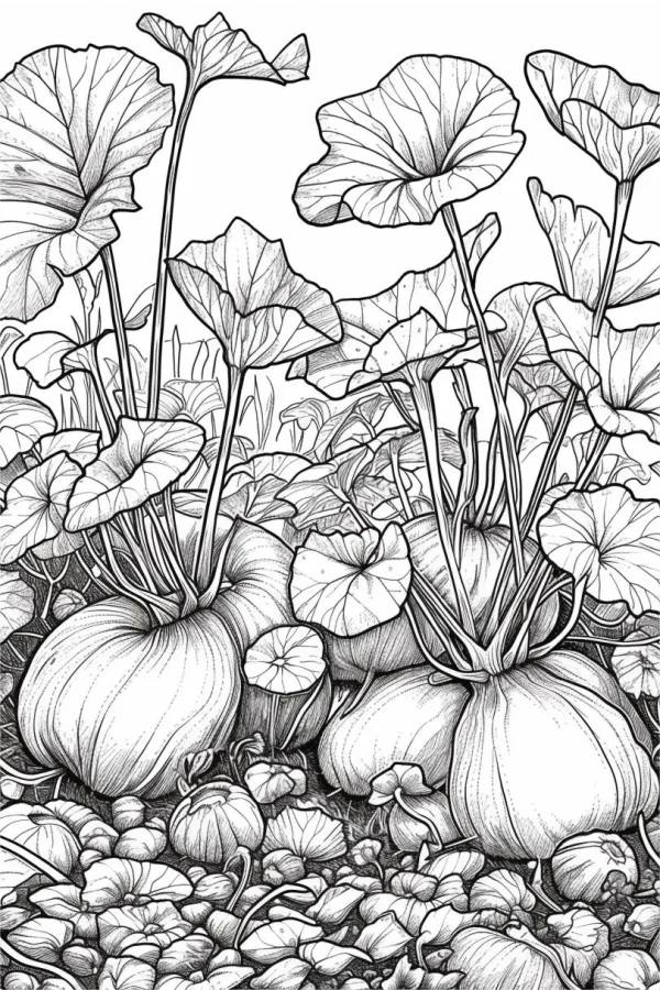 Vine pumpkin-like plants with large leaves and small ground plants, realistic sketch style — free printable vegetables coloring book page