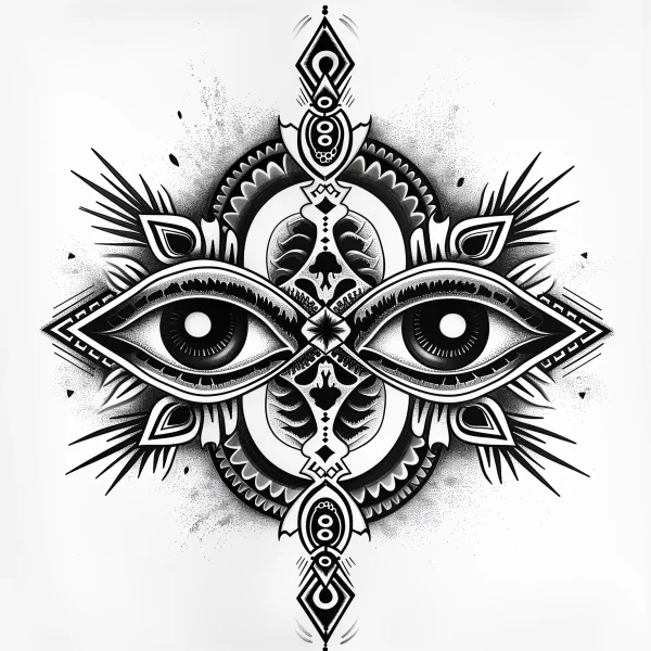 Symmetric totem-style double eyes, mandala and totem art style — free printable totem coloring book page