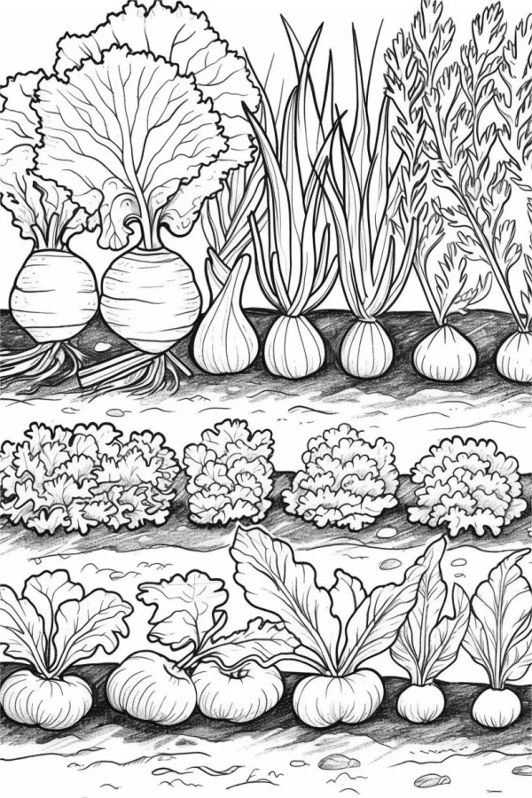Vegetable garden with assorted vegetables including radishes, onion-like veggies — free printable vegetables coloring book page