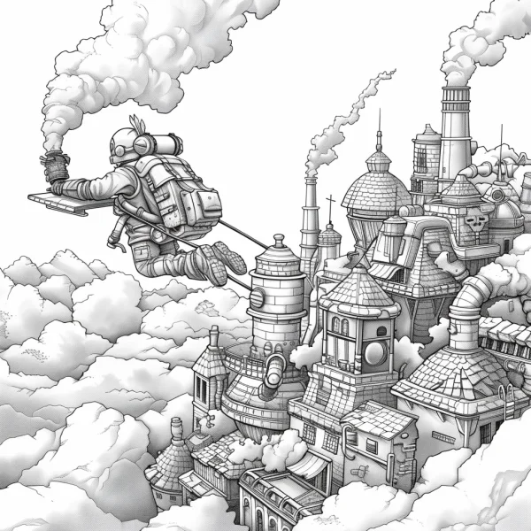 Steampunk pilot flying on a board over mechanical air city, steampunk style — free printable flight coloring book page