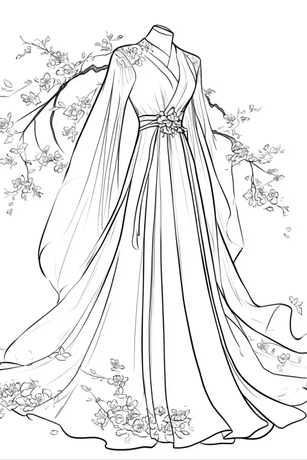 Chinese style hanfu dress on mannequin, with blooming flower branches around — free printable clothing coloring book page