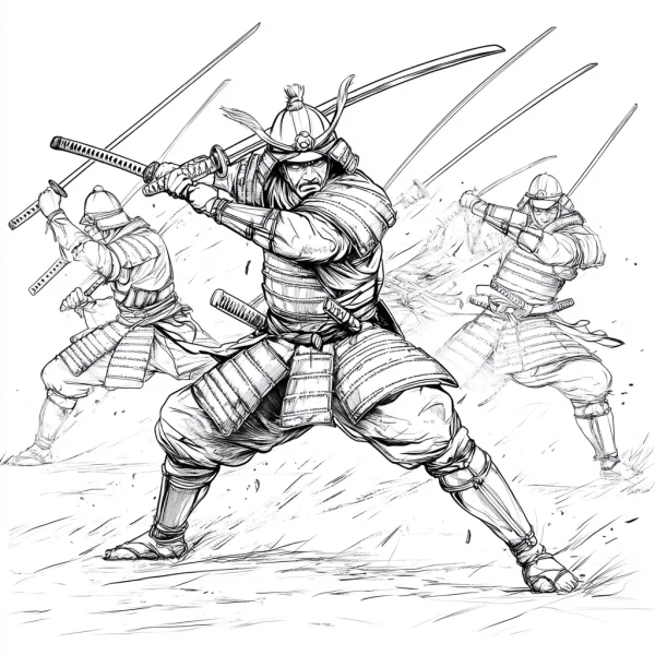 Three fighting japanese samurais holding katanas, realistic sketch style — free printable samurai coloring book page
